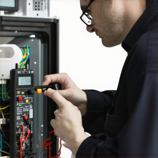 Dishwasher technician testing electrical components with a multimeter