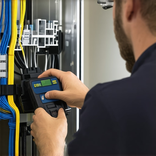 Technician wiring surge protector inside dishwasher for overload protection.