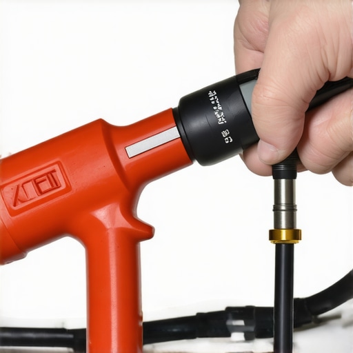 Close-up of hand tightening dishwasher hose with digital torque wrench