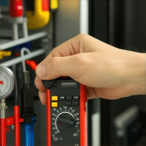 Technician testing dishwasher electrical circuit and water pressure with multimeter and pressure gauge