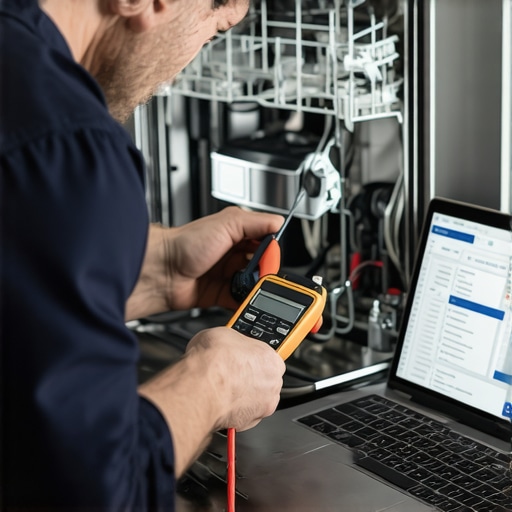 Technician performing maintenance using digital tools and torque screwdriver inside dishwasher