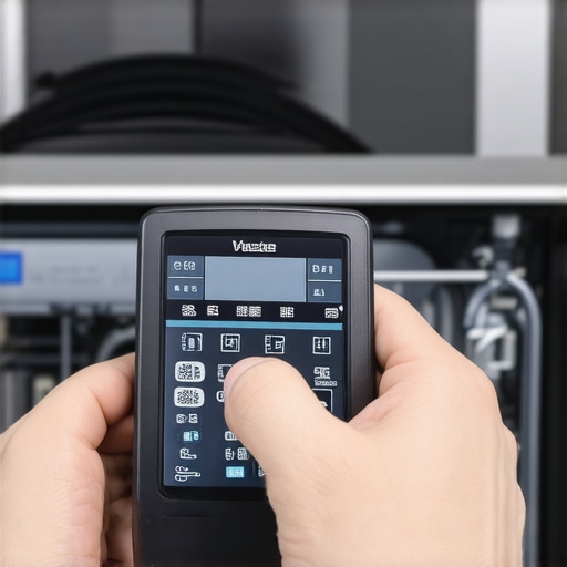 Technician inspecting dishwasher sensor data with diagnostic equipment.
