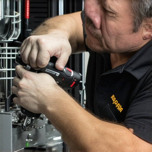 Technician tightening dishwasher fitting with a digital torque screwdriver in a workshop