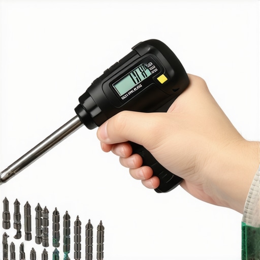 Technician tightening dishwasher mounting screws with a digital torque wrench, emphasizing precision in installation.