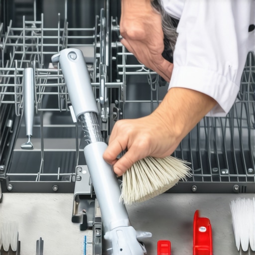Person cleaning dishwasher spray arm with a brush
