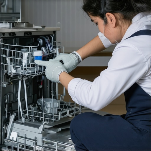 Technician inspecting dishwasher drain pump and hoses during maintenance.