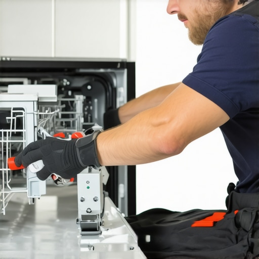 Technician securing dishwasher to a stone countertop with brackets and a level tool.