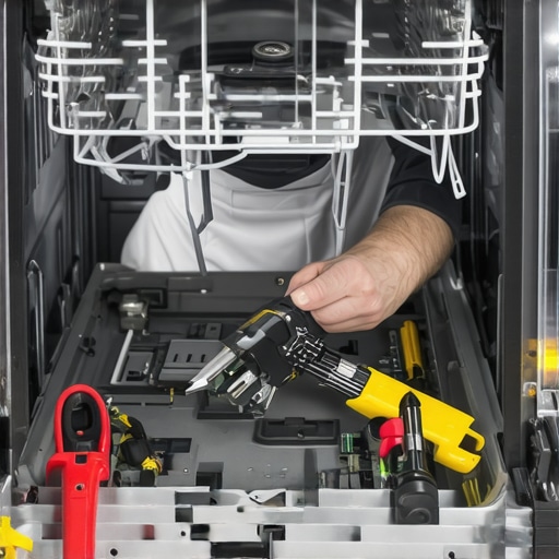 Technician replacing a thermal fuse inside a dishwasher, close-up view of hands and tools.