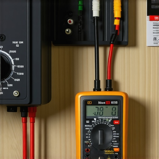 A hand using a digital multimeter to test electrical wiring in a kitchen appliance
