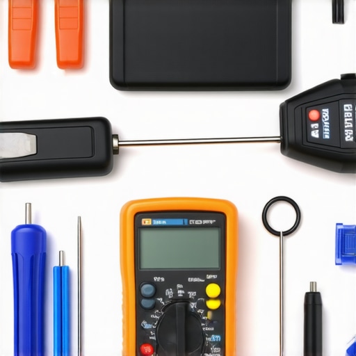 Tools such as a multimeter, screwdrivers, and an inspection camera are arranged on a workbench, ready for appliance troubleshooting.