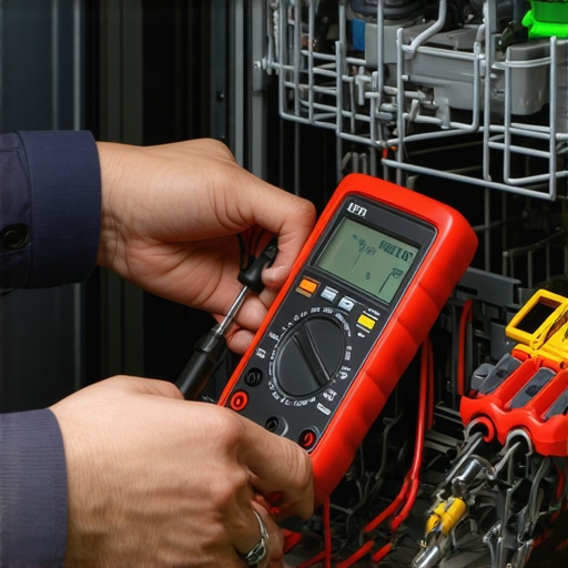 Technician testing dishwasher wiring with digital multimeter and tightening fittings with torque wrench