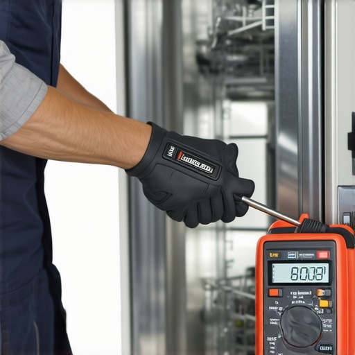 Technician verifying fittings and electrical connections with specialized tools during dishwasher upkeep.