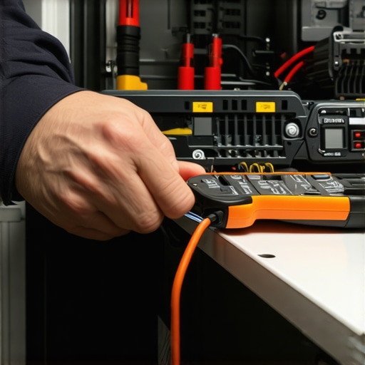 Electrician testing dishwasher wiring with multimeter in a workshop setting