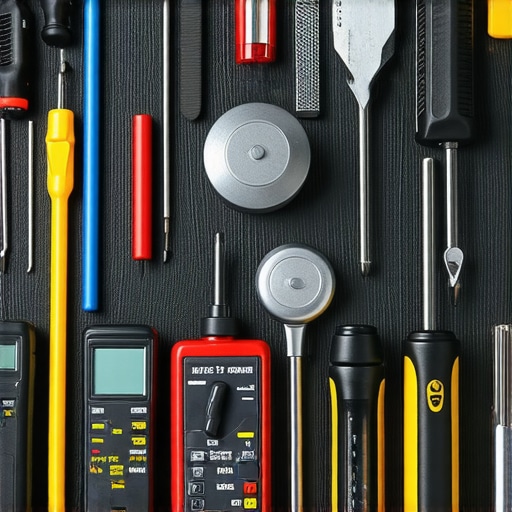 A set of professional dishwasher maintenance tools including multimeter, leak detector, and screwdrivers on a workbench.