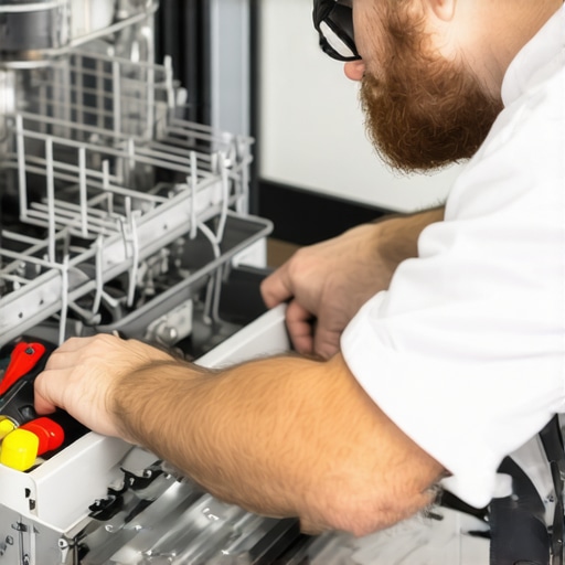 Professional technician carefully installing dishwasher component with proper tools