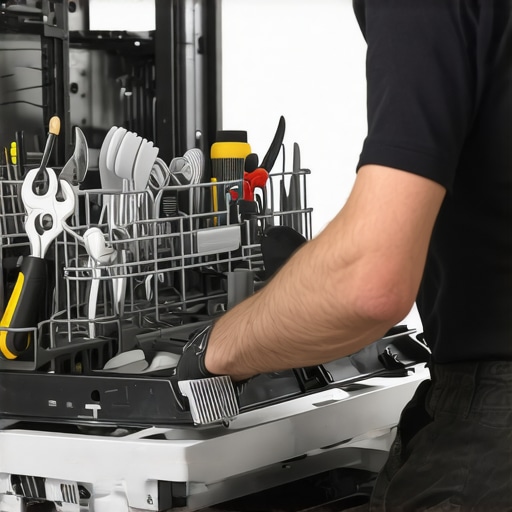 Technician properly installing a dishwasher with focus on parts and tools