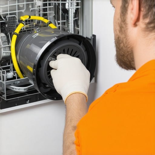 Technician checking dishwasher drain pump for debris and damage.