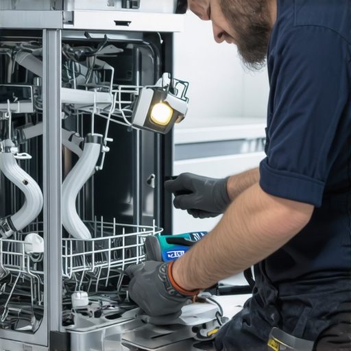 Technician checking dishwasher drain pump and hoses during maintenance