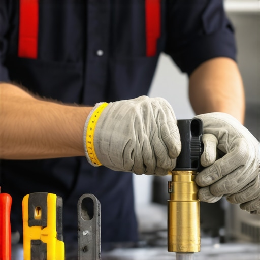 Technician in gloves attaching a new water inlet valve to a dishwasher.