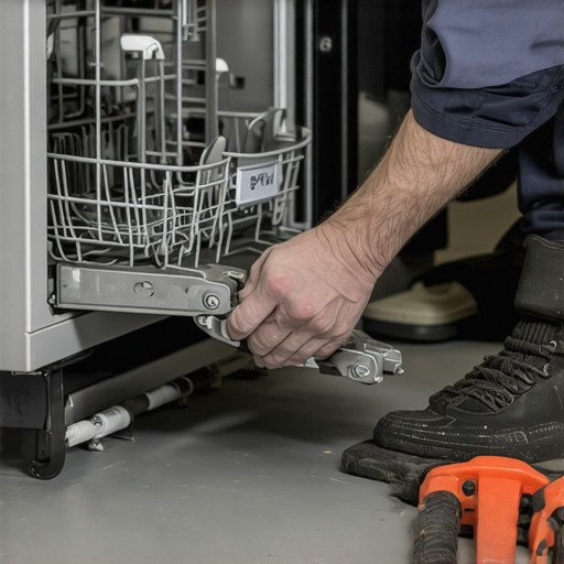 Technician screws a zinc leveling foot onto the bottom of a dishwasher, emphasizing precise fit and adjustment.