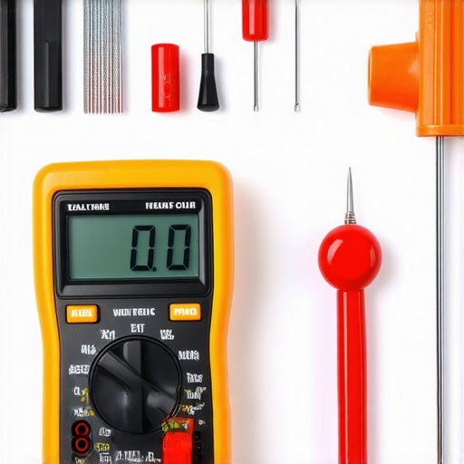 A technician using a multimeter on dishwasher wiring with repair tools around