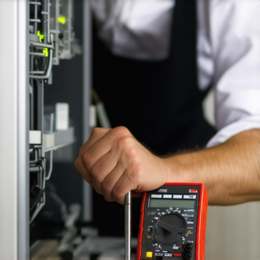 A person using a digital multimeter to test dishwasher electrical parts