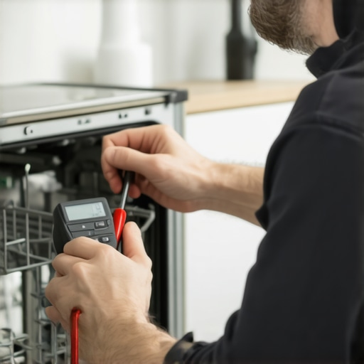 Technician diagnosing dishwasher electrical system with multimeter and tools in a kitchen setting