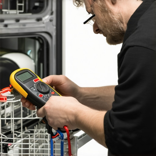 Technician testing dishwasher components with a multimeter and cleaning spray arms with ultrasonic cleaner in a contemporary kitchen.