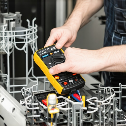 Technician inspecting dishwasher with multimeter and screwdrivers