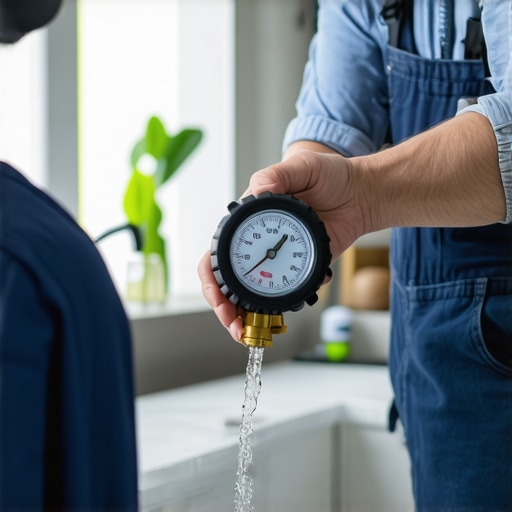 A technician using a digital pressure gauge on dishwasher water line.