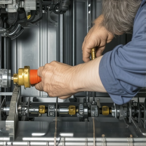 A technician installing dishwasher parts with brass fittings and high-quality hoses.