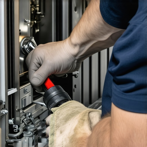 Technician using torque wrench to tighten dishwasher mounting bolt to ensure stability.