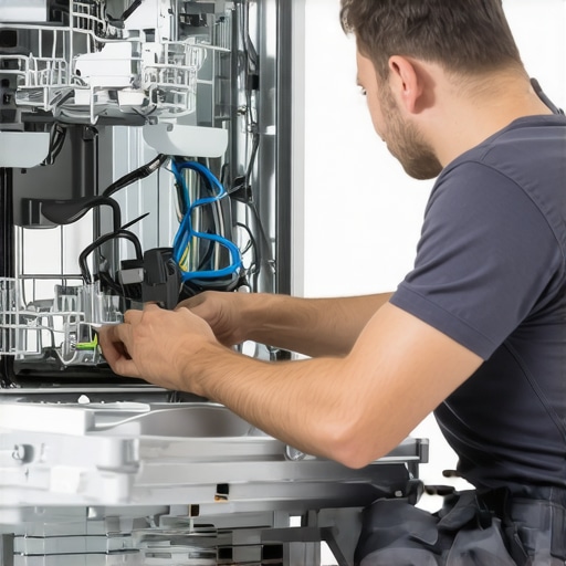 Technician inspecting dishwasher wiring and connection components to ensure proper installation.