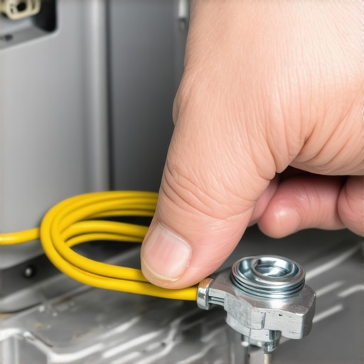 A close-up of a person tightening a grounding nut on dishwasher wiring, demonstrating correct grounding procedures.