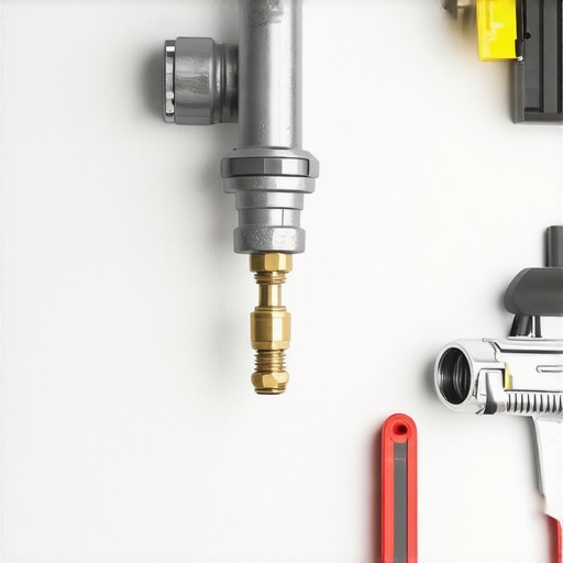Installing a water hammer arrestor on kitchen plumbing pipe for noise reduction.