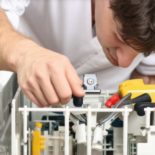 Homeowner replacing small plastic clip inside a dishwasher during repair