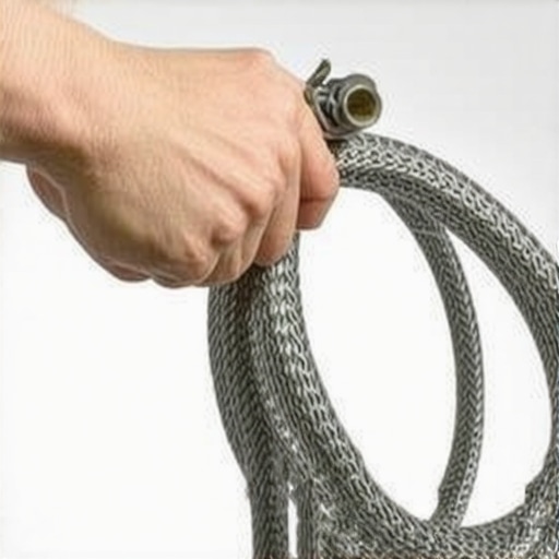 Hand installing a steel-braided dishwasher drain hose with clamps