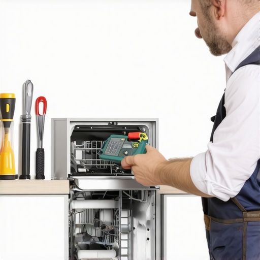 A technician testing electrical components of a dishwasher with multimeter and screwdrivers in a kitchen
