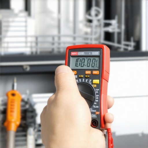 Person verifying dishwasher component with a multimeter for maintenance