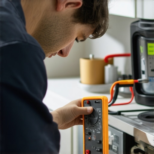 Tech testing dishwasher float switch with multimeter in kitchen