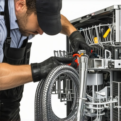 A technician tightening a steel-braided water hose connection during dishwasher installation.