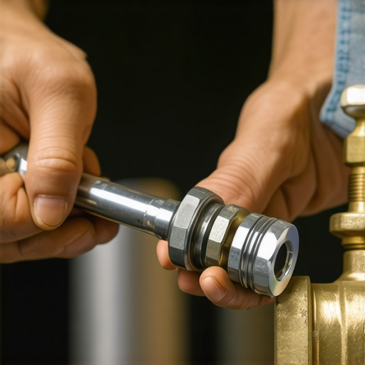 Close-up of a hand tightening a brass compression fitting on a pipe with a wrench