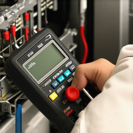 Technician diagnosing a dishwasher with a multimeter and screwdriver