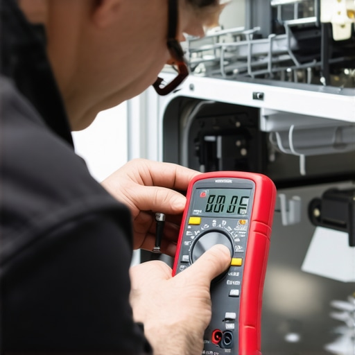 Technician testing dishwasher electrical components with multimeter and tightening fittings with torque wrench.