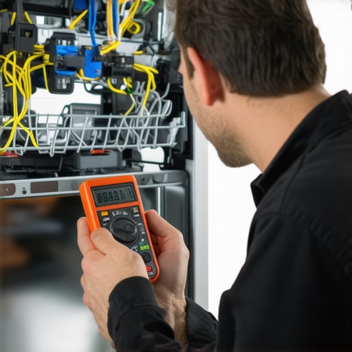 Technician inspecting electrical connections behind a dishwasher with a multimeter.