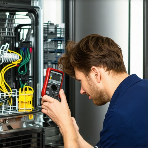 Technician testing dishwasher wiring with a multimeter to diagnose electrical components.