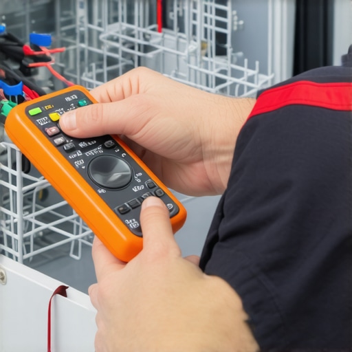 Technician testing dishwasher wiring with a multimeter in a service center