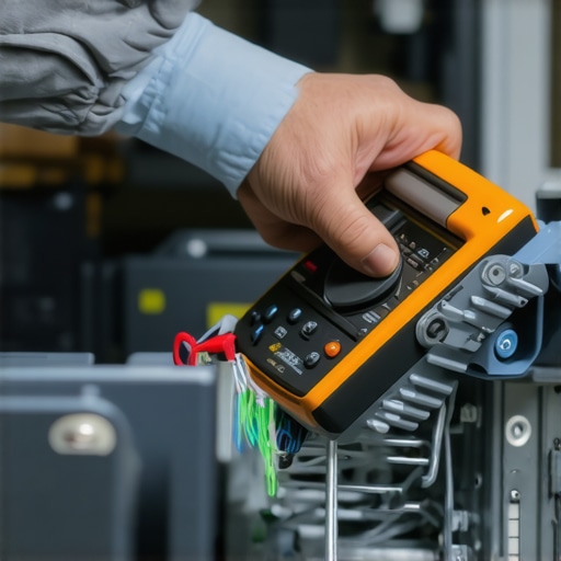 Technician testing dishwasher control board with a digital multimeter during maintenance.
