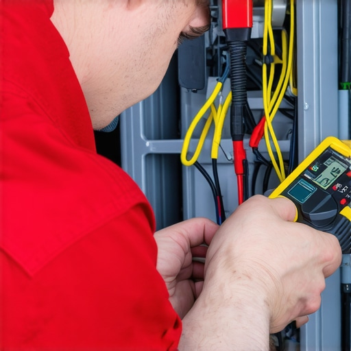 Technician testing dishwasher wiring with a digital multimeter for maintenance