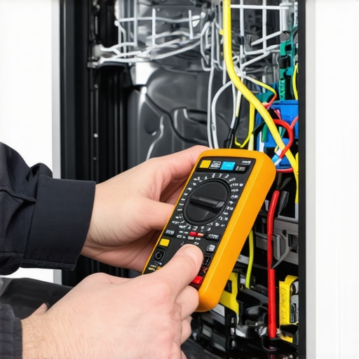 Technician testing dishwasher wiring with multimeter during maintenance.